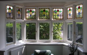 Stained glass timber bay window